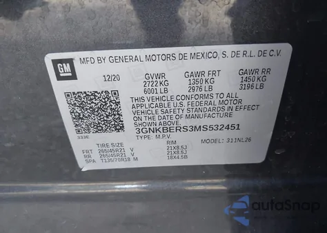 2021 Chevrolet Blazer Fwd Rs из США, поврежденный, VIN 3GNKBERS3MS532451